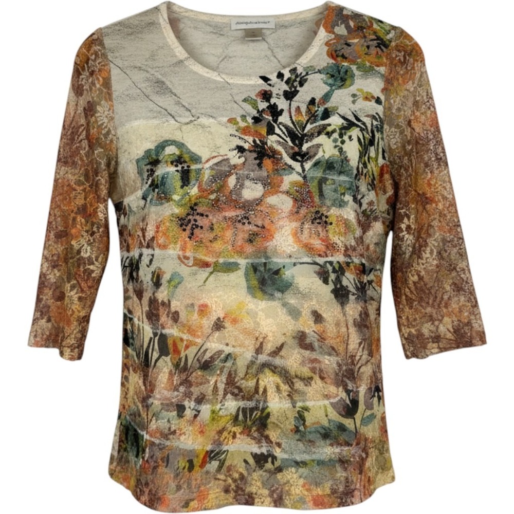 Christopher & Banks Womens S Floral Lace Top Rhinestone 3/4 Sleeve Mixed‎ Media